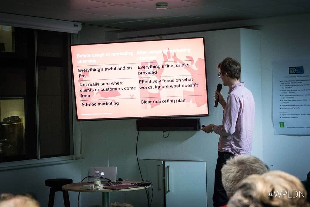 Talking about marketing channels at the WordPress London meetup last year.
