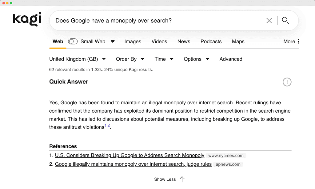 Kagi’s Quick Answer feature